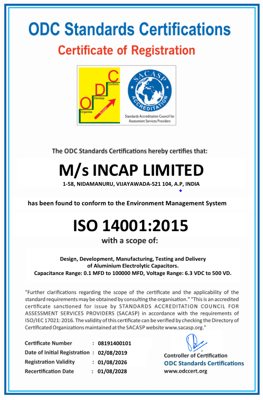 ISO 14001:2015 Certificate